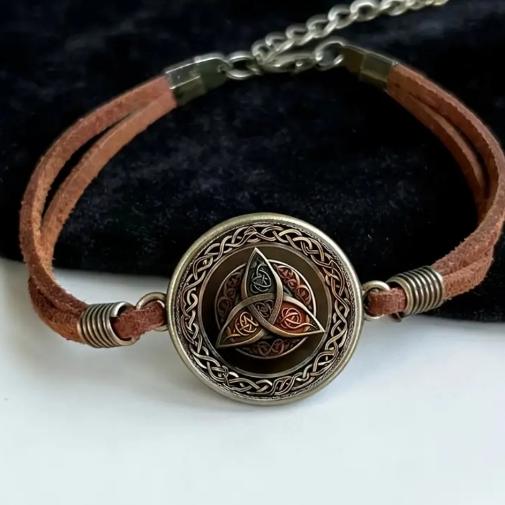 Triquetra Leather Bracelet with Bronze Accents